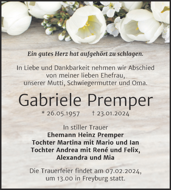 Traueranzeige von Gabriele Premper von Wochenspiegel Naumburg/Nebra