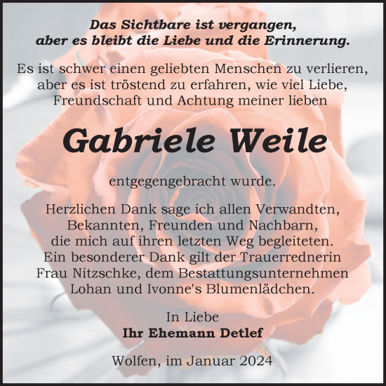 Traueranzeige von Gabriele Weile von Trauerkombi Bitterfeld