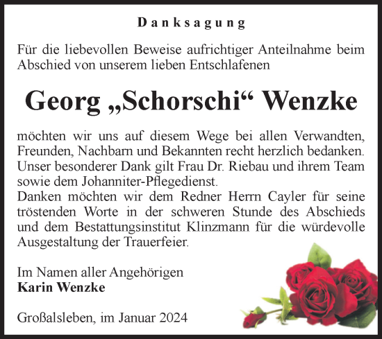 Traueranzeige von Georg Wenzke von Volksstimme Oschersleben/Wanzleben