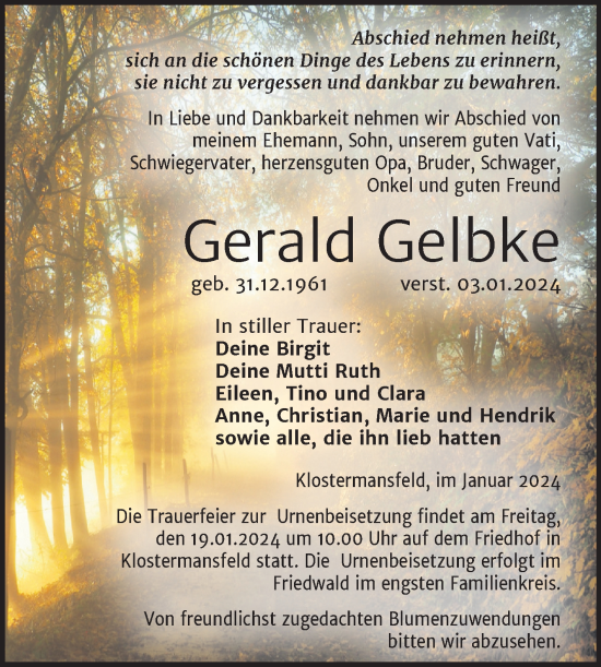 Traueranzeige von Gerald Gelbke von Trauerkombi Mansfelder Land