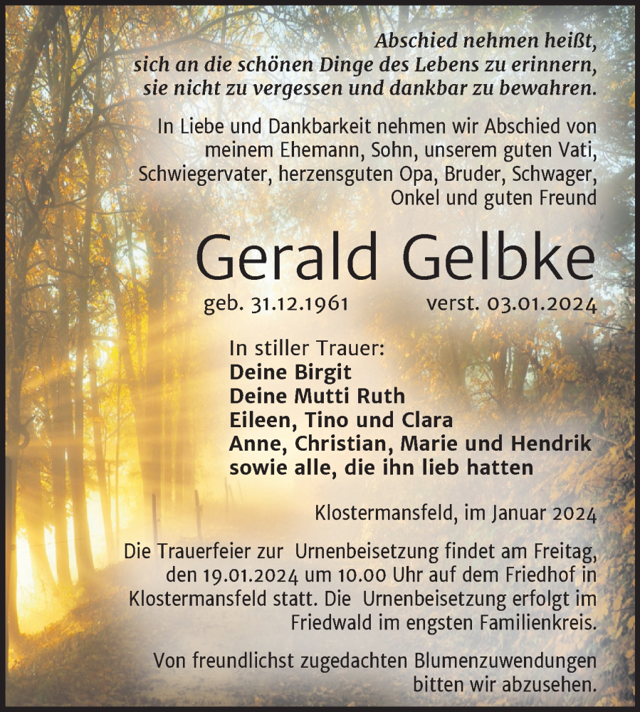  Traueranzeige für Gerald Gelbke vom 13.01.2024 aus Trauerkombi Mansfelder Land