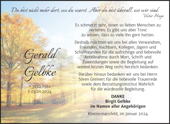 Traueranzeige von Gerald Gelbke von Trauerkombi Mansfelder Land