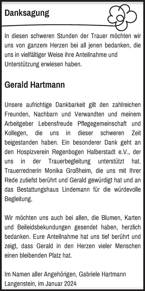 Traueranzeige von Gerald Hartmann von Volksstimme Halberstadt