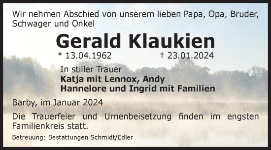 Traueranzeige von Gerald Klaukien von Volksstimme Schönebeck