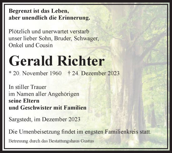Traueranzeige von Gerald Richter von Volksstimme Halberstadt