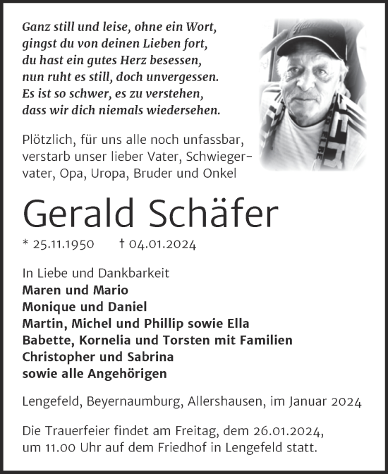 Traueranzeige von Gerald Schäfer von Trauerkombi Sangerhausen