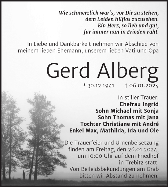 Traueranzeige von Gerd Alberg von Trauerkombi Wittenberg