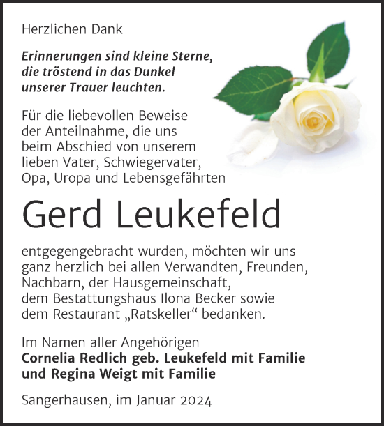 Traueranzeige von Gerd Leukefeld von Trauerkombi Sangerhausen