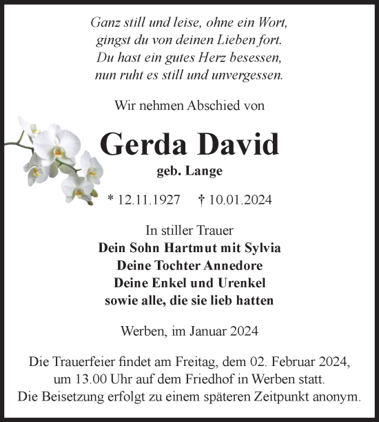 Traueranzeige von Gerda David von Volksstimme Altmark Ost