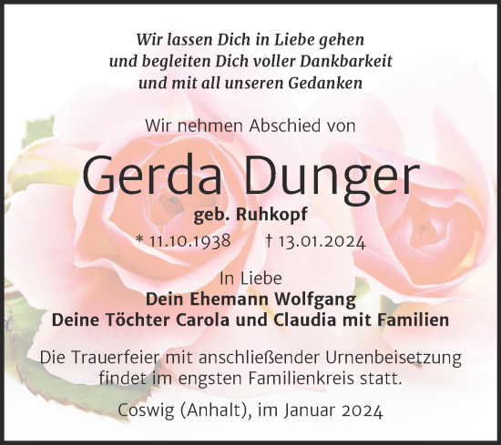 Traueranzeige von Gerda Dunger von Trauerkombi Wittenberg