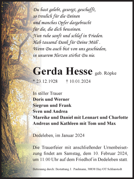 Traueranzeige von Gerda Hesse von Volksstimme Halberstadt