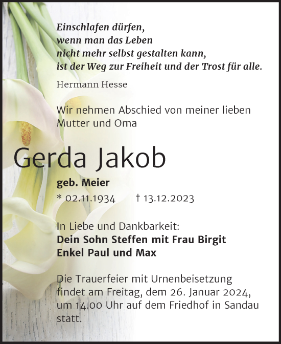 Traueranzeige von Gerda Jakob von Volksstimme Altmark Ost