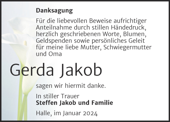 Traueranzeige von Gerda Jakob von Mitteldeutsche Zeitung Halle/Saalkreis