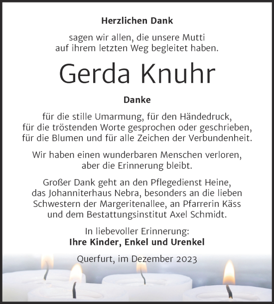 Traueranzeige von Gerda Knuhr von Trauerkombi Merseburg