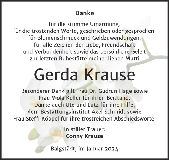 Traueranzeige von Gerda Krause von Naumburger Tageblatt