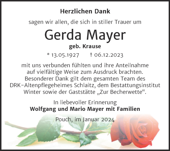 Traueranzeige von Gerda Mayer von Trauerkombi Bitterfeld