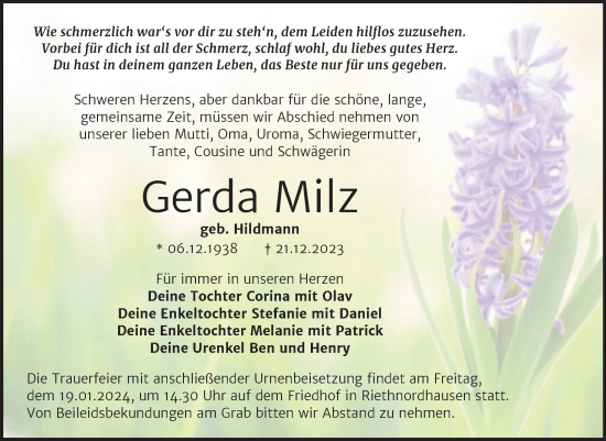Traueranzeige von Gerda Milz von Trauerkombi Sangerhausen
