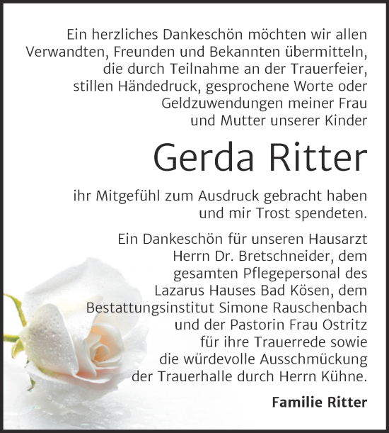 Traueranzeige von Gerda Ritter von Wochenspiegel Naumburg/Nebra