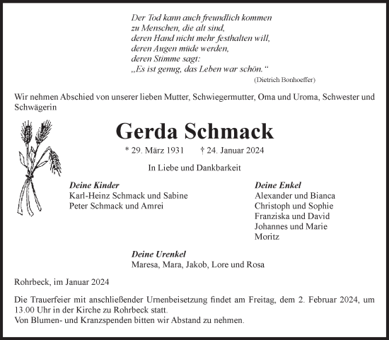 Traueranzeige von Gerda Schmack von Volksstimme Altmark Ost