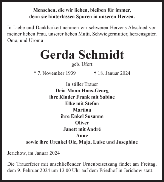 Traueranzeige von Gerda Schmidt von Volksstimme Burg/Genthin