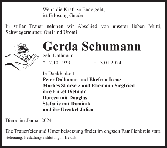 Traueranzeige von Gerda Schumann von Volksstimme Schönebeck