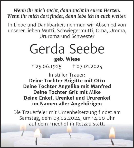 Traueranzeige von Gerda Seebe von Trauerkombi Bitterfeld