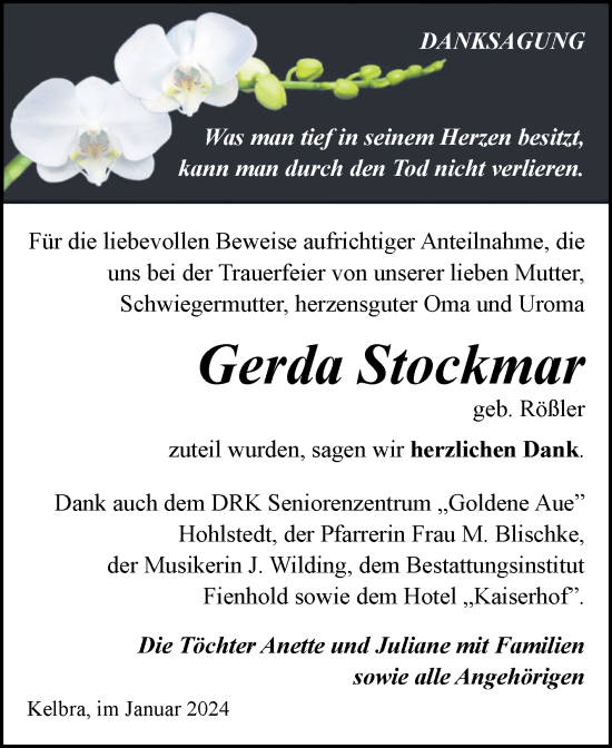 Traueranzeige von Gerda Stockmar von Trauerkombi Sangerhausen