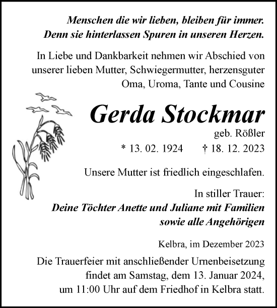 Traueranzeige von Gerda Stockmar von Trauerkombi Sangerhausen