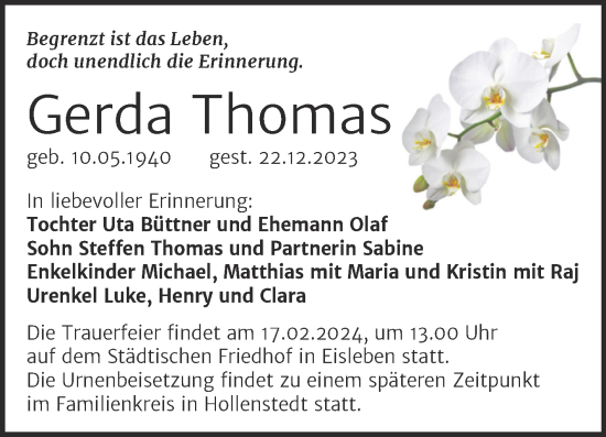 Traueranzeige von Gerda Thomas von Trauerkombi Mansfelder Land
