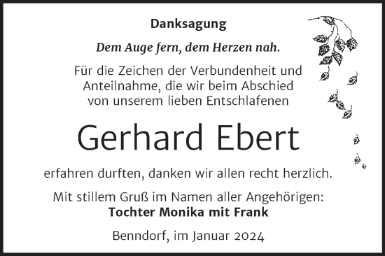 Traueranzeige von Gerhard Ebert von Trauerkombi Mansfelder Land