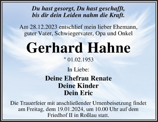 Traueranzeige von Gerhard Hahne von Trauerkombi Dessau