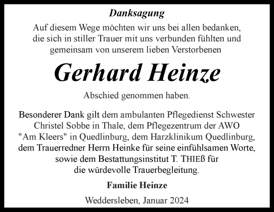 Traueranzeige von Gerhard Heinze von Trauerkombi Quedlinburg