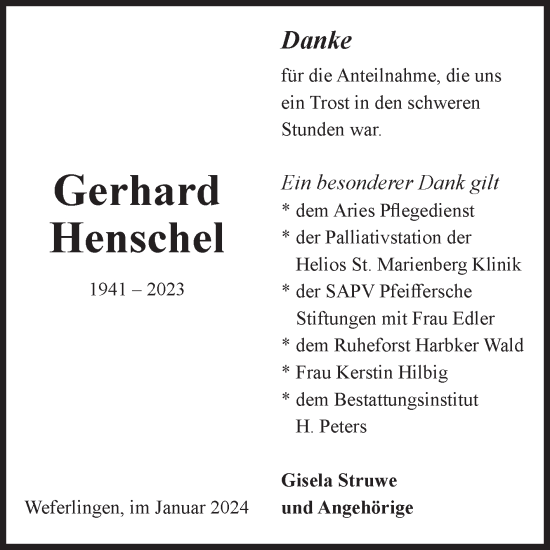 Traueranzeige von Gerhard Henschel von Volksstimme Haldensleben/Wolmirstedt