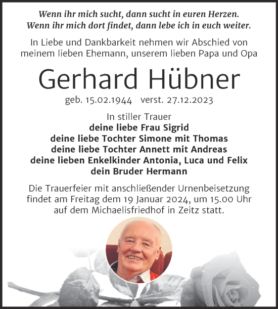 Traueranzeige von Gerhard Hübner von Trauerkombi Zeitz