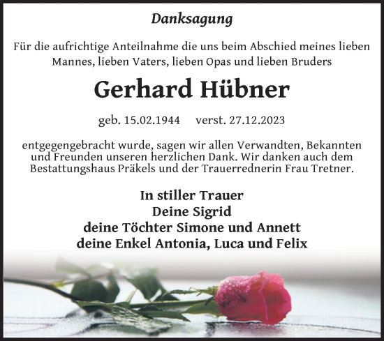 Traueranzeige von Gerhard Hübner von Trauerkombi Zeitz
