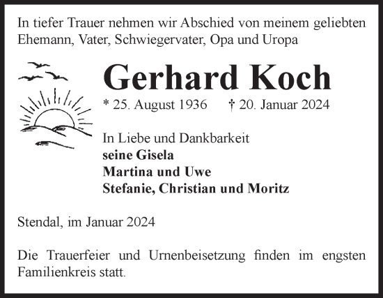 Traueranzeige von Gerhard Koch von Volksstimme Altmark Ost