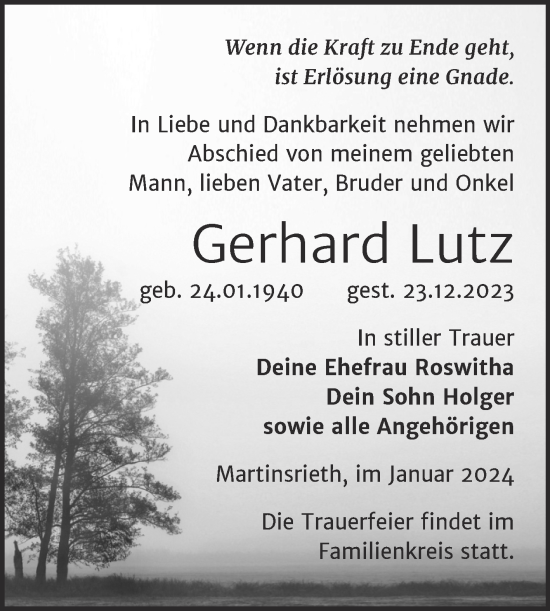 Traueranzeige von Gerhard Lutz von Trauerkombi Sangerhausen