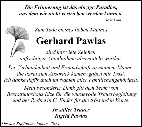 Traueranzeige von Gerhard Pawlas von Trauerkombi Dessau