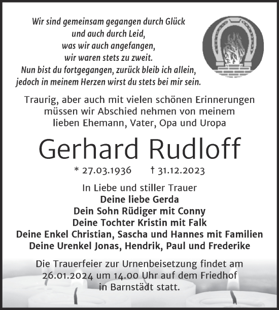 Traueranzeige von Gerhard Rudloff von Trauerkombi Merseburg
