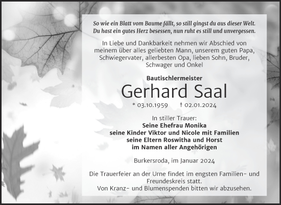 Traueranzeige von Gerhard Saal von Naumburger Tageblatt