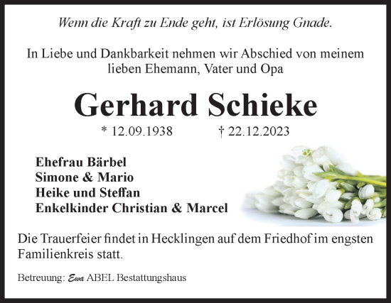 Traueranzeige von Gerhard Schieke von Volksstimme Staßfurt