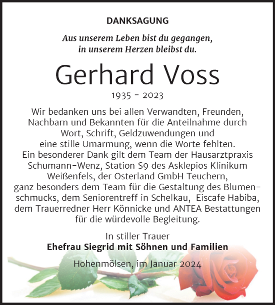 Traueranzeige von Gerhard Voss von Trauerkombi Weißenfels