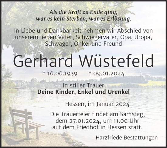 Traueranzeige von Gerhard Wüstefeld von Volksstimme Halberstadt