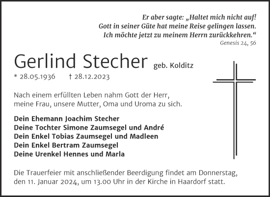 Traueranzeige von Gerlind Stecher von Trauerkombi Zeitz