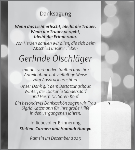 Traueranzeige von Gerlinde Ölschläger von Trauerkombi Bitterfeld