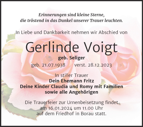 Traueranzeige von Gerlinde Voigt von Trauerkombi Weißenfels