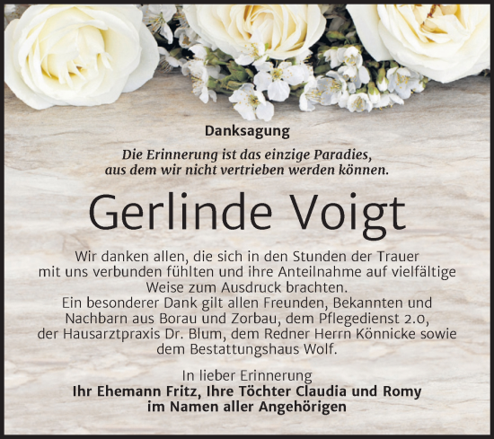 Traueranzeige von Gerlinde Voigt von Trauerkombi Weißenfels