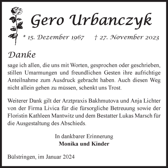 Traueranzeige von Gero Urbanczyk von Volksstimme Haldensleben/Wolmirstedt
