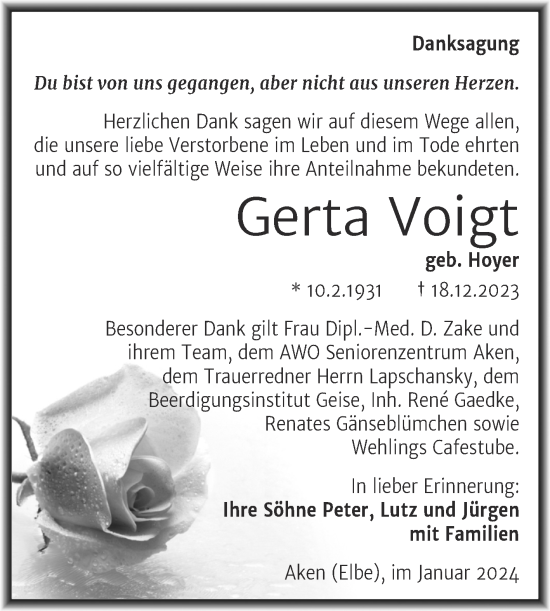 Traueranzeige von Gerta Voigt von Trauerkombi Köthen