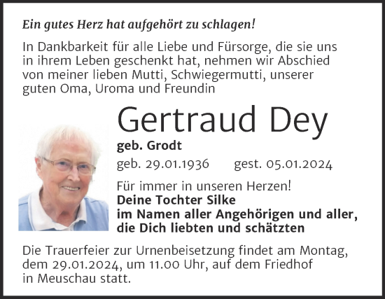 Traueranzeige von Gertraud Dey von Trauerkombi Merseburg
